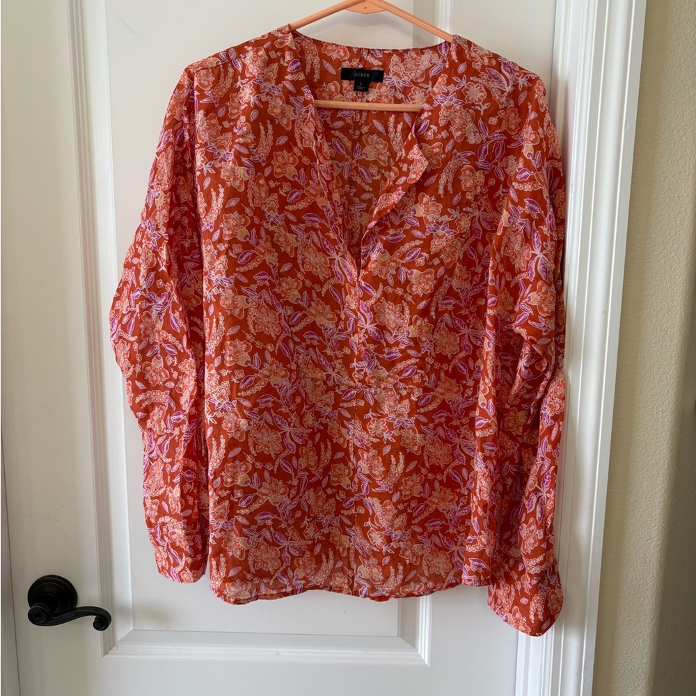 J.Crew Orange Floral Ramie Blouse Long Sleeve V-Neck Popover Top Women’s Size L